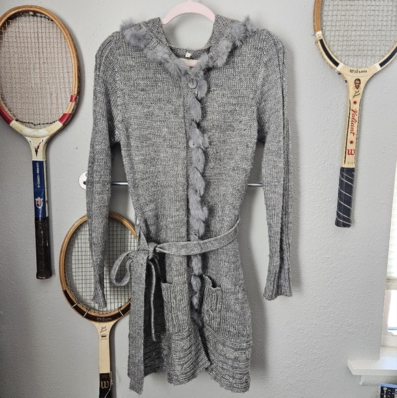 Lapis button down grey sweater size large wool tie waist penny lane Duster lapis - Picture 4 of 12